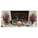 Home decor, vases, and dishes on hearth