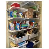 Contents of metal shelves in laundry room