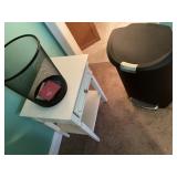 Small nightstand and 2 trash cans