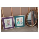 Framed mirror and 2 framed juvinile prints