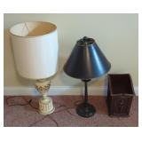2 table lamps and vintage waste can