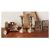 Brass bookends and candlesticks