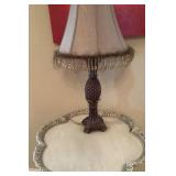 Scalloped edge 3-leg side table, pineapple lamp