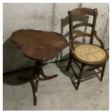 Piecrust cloverleaf table and cane bottom chair