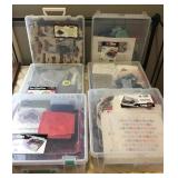 6 art bin containers plus fabric scraps