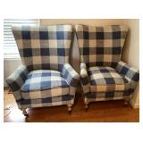 2 Arhaus blue plaid chairs on casters