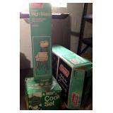 1978 Coleman camp stove, stand, and cook set