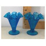 2 blue Fenton hobnail vases