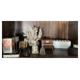 Contents of shelf with coral & milk glass planter