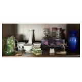 Contents of shelf with milk glass & playing cards