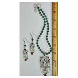 Gemstone necklace and chandelier earrings