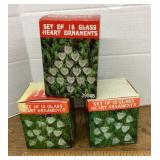 3 boxes of glass heart ornaments