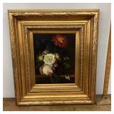 Floral oil painting on canvas in deep gilt frame
