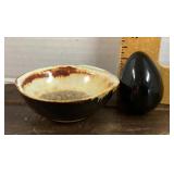 Signed studio pottery bowl & polished obsidian egg