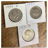 3 Kennedy half dollars 1971-1994