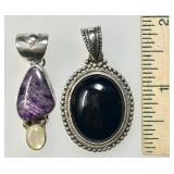 2 sterling pendants w/onyx, pearl, & charoite