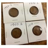 4 wheat pennies 1914-1950