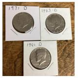 3 Kennedy half dollars 1971-1983