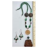 Carved stone & malachite necklace & earrings