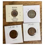 2 wheat pennies, buffalo nickel, novelty penny