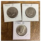 3 Kennedy half dollars1974-1990