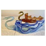 2 Mid century art glass swan centerpiece bowls