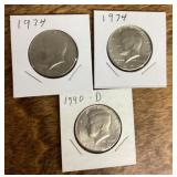 3 Kennedy half dollars 1974-1990