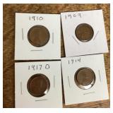 4 wheat pennies 1909-1917
