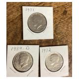 3 Kennedy half dollars 1971-1989