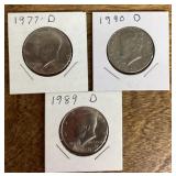 3 Kennedy half dollars 1977-1990
