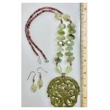Carved jade and prehnite necklace & earrings