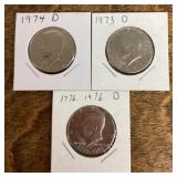 3 Kennedy half dollars 1973-1976