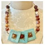 Turquoise and faceted fire agate bead necklace