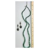Malachite bead necklace & sterling earrings