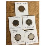 Indian head cent, wheat penny, V nickels 1866-1909