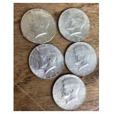 5 Kennedy half dollars 1966-1969