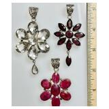 3 sterling silver gemstone flower pendants