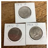 3 Kennedy half dollars 1972-73