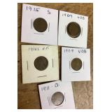 5 wheat pennies 1909-1916