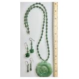 Carved aventurine rose necklace and earrings