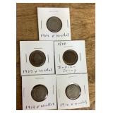 4 V nickels and Indian head cent 1900-1912