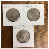 3 Kennedy half dollars 1971-1994