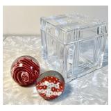 Lead crystal box, 2 art glass paperweights