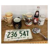 Peep mirror, beer steins, Cardinals glass,