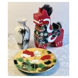 Cloisonne plate, Asian vase, wood folk art horse