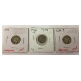 3 Mercury dimes 1917, 1929D,1940P