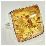 Large sterling silver amber ring