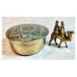Enameled brass trinket box and brass camel