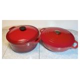 2 cast iron red enameled cooking pots w/lids