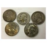 5 silver quarters 1937, 1941, 1950, 1964